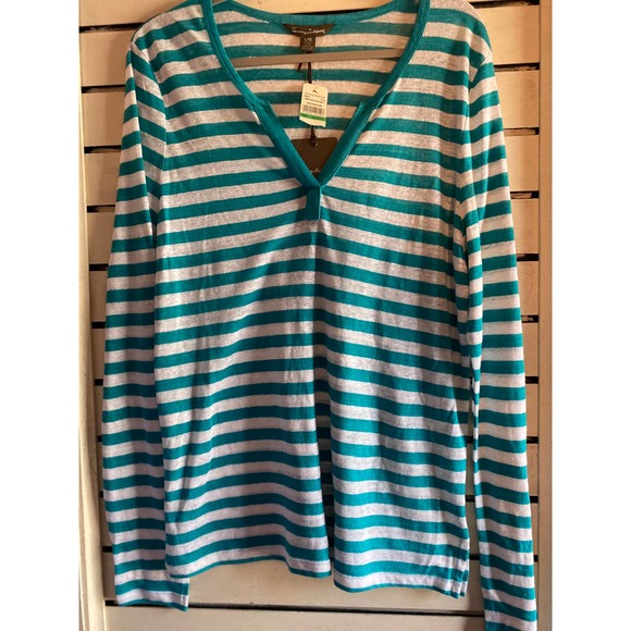 Tommy Bahama women's shirt Large Linnea stripe jersey henley Linen turquoise - Picture 1 of 9